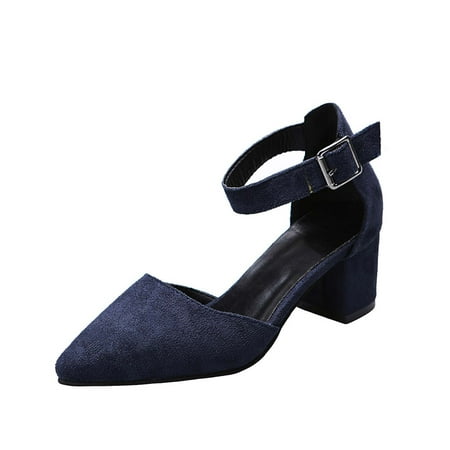 YanHoo Women s Heel Sandals Suede Point-toe Chunky Heel Ankle Strap Sandals Ladies Summer Casual Sandals Shoes