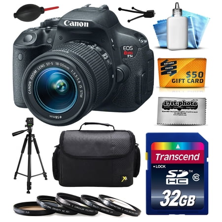 Canon EOS Rebel T5i Digital SLR with 18-55mm STM Lens includes 32GB Memory, Large Case, Tripod, 5 Piece UV-CPL-FL-ND4-10x Filters, Dust Blower, Cleaning Kit, $50 Gift Card 8595B003 Canon EOS Rebel T5i Digital SLR with 18-55mm STM Lens includes 32GB Memory, Large Case, Tripod, 5 Piece UV-CPL-FL-ND4-10x Filters, Dust Blower, Cleaning Kit, $50 Gift Card 8595B003