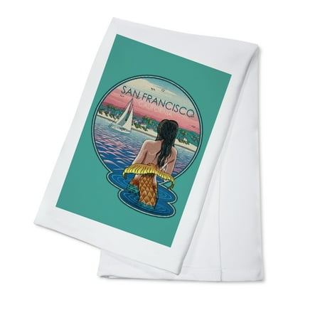 

San Francisco California Mermaid and Beach Woodblock Contour (100% Cotton Tea Towel Decorative Hand Towel Kitchen and Home)