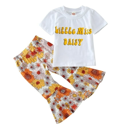 

Baby Outfits with Headbands Squiggles Baby Clothes Toddler Kids Girls Clothes Summer Short Sleeve Letter T Shirt Tops Sunflower Floral Flared Pants Bell Bottoms Casual Outfits Set Crop Top Girls 7 8