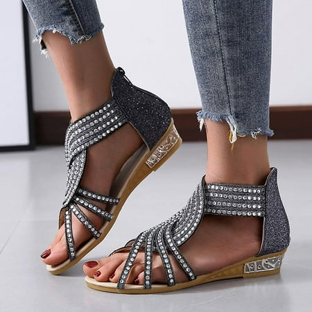 Womens Sandals Gnobogi Summer Women Wedges Open Toe Breathable Sandals Zipper Casual Rhinestones Shoes