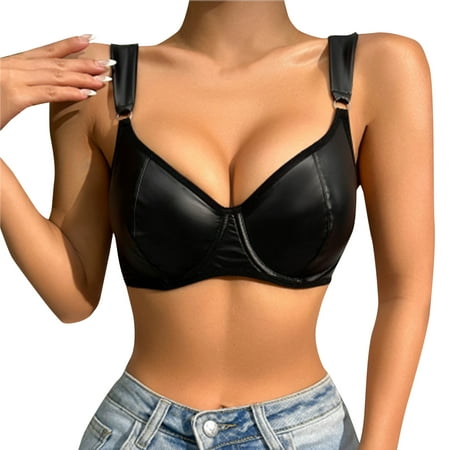 

AIYUQ.U Women s PU Leather Lingerie Buckle Strappy Cut Out Bra Underwire Push Up Bralette