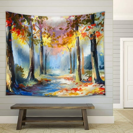 wall26 - Oil Painting - Colorful Spring Landscape, Road in the Forest, Abstract Watercolor - Fabric Wall Tapestry Home Decor - 51x60 inches