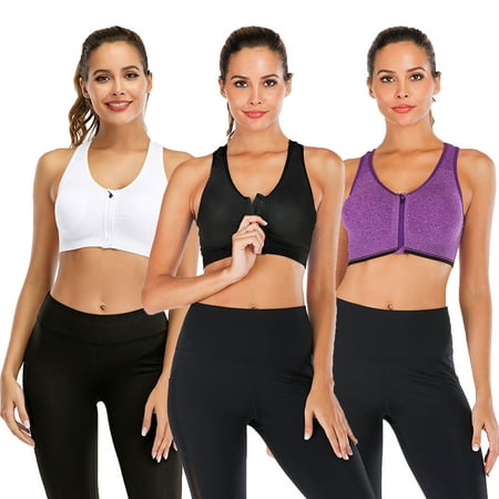 

DODOING 3-Pack Women s Front Zipper Closure Sports Bra Removable Cups High Support Workout Sports Bra Apricot