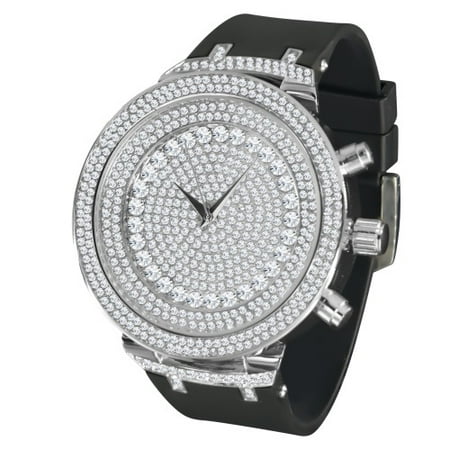 Silver 3-Tiered Fully Iced out Mens Black Silicone Band Watch