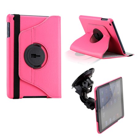 Hot Pink Dual Function 360 Degree Rotating PU Leather Case Cover with Car Mount for iPad Mini 1 and 2