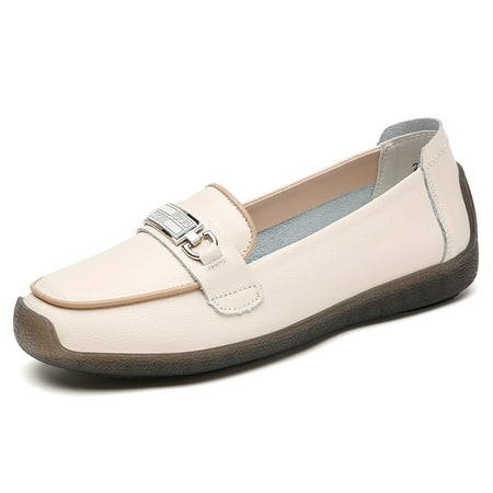 Slip-On Loafers for Women Flats with Buckle Straps Dress Shoes Beige Size 41