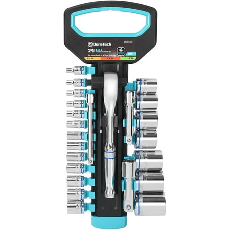 DURATECH 24-Piece 1/4 3/8 1/2 Drive Socket Set with 3 In 1 Ratchet Handle 3 Extensions & 20 Sockets for Auto Repairing and Household with Storage Rack METRIC
DURATECH 24-Piece 1/4 3/8 1/2 Drive Socket Set with 3 In 1 Ratchet Handle 3 Extensions & 20 Sockets for Auto Repairing and Household with Storage Rack METRIC