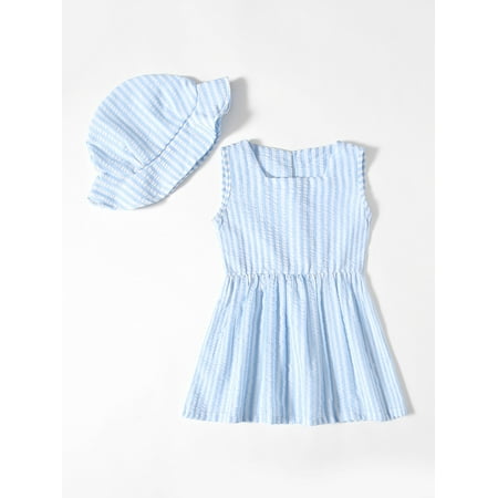 Toddler Girls 1pc Striped A line Dress With Hat Blue and White Casual A040W
Toddler Girls 1pc Striped A line Dress With Hat Blue and White Casual A040W