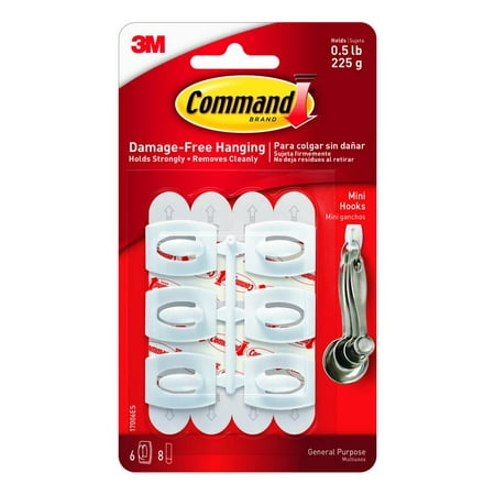 

Command Mini White Hooks with White Strips - 6 Small Hook - 8 oz (226.8 g) Capacity - Plastic - White - 6 / Pack | Bundle of 5