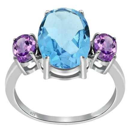 Natural 7.65 Carat Purple Amethyst,Blue Blue Topaz Sterling Silver 3-Stone Ring