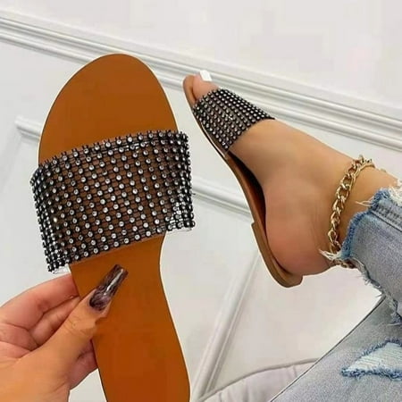 Women s Fashion Casual Flat Bottom Large Size Rhinestone Sandals And Slippers