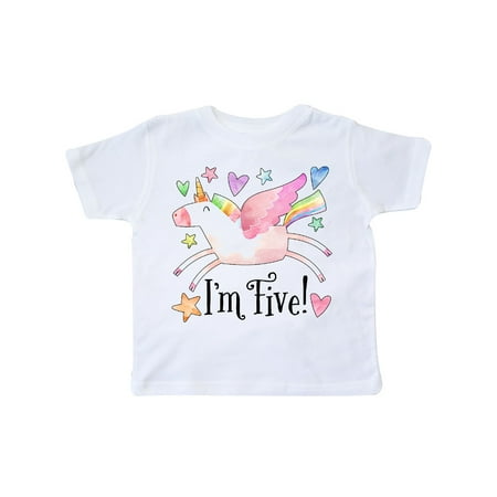 

Inktastic I m 5 Cute Rainbow Unicorn with Stars and Hearts Gift Toddler Boy or Toddler Girl T-Shirt