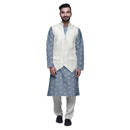 Atasi Traditional Printed Kurta Churidar Pajama Set With Nehru Jacket For Men