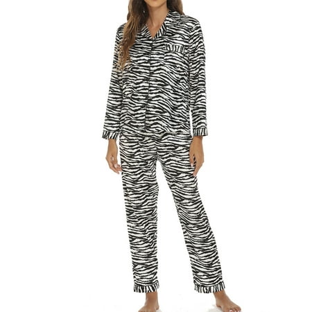 

MAWCLOS Women Polka Dot Pajamas Sets Two Pieces Outfits Home Clothes Lounge Set Shirt And Pants Loose Sleeping Sleepwear Nightwear Black Zebra XL