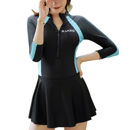 Ana Women Siamese Long Sleeve Swimsuit Surfing Wetsuit Swimdress Skirt Beach Bathing