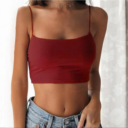 Women Basic Spaghetti Strap Crop Top Boho Tank Bustier Bra Vest Cami