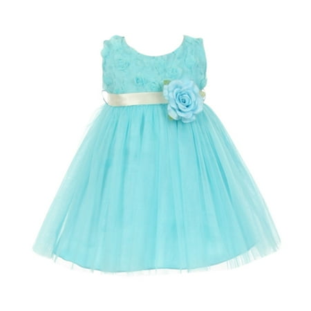Baby Girls Aqua Chiffon Rosebud Applique Bodice Tulle Flower Girl Dress 18M