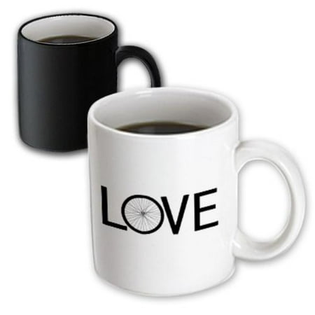 3dRose Love Bicycles - black text bike wheel O - cycler typography - cycling, Magic Transforming Mug, 11oz