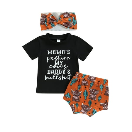 Binwwede Baby Girls Set Short Sleeve Letters Print T-shirt with Cattle Print Shorts and Bowknot Hairband
Binwwede Baby Girls Set Short Sleeve Letters Print T-shirt with Cattle Print Shorts and Bowknot Hairband