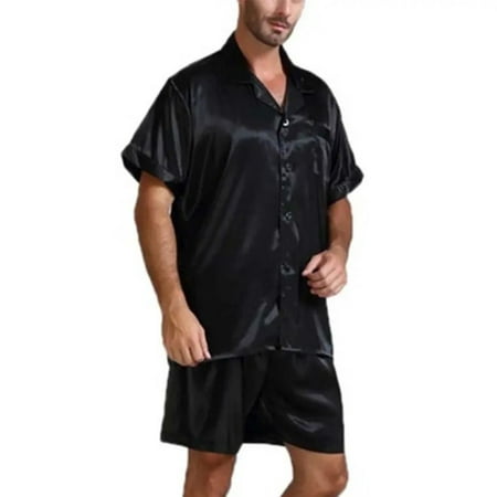 2Pcs Mens Silk Satin Pyjamas Set Short Sleeve Tops+Shorts Sleepwear