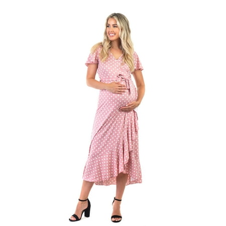 Maternity and Nursing Faux Wrap Butterfly Sleeve Polka Dot Dress with Ruffles