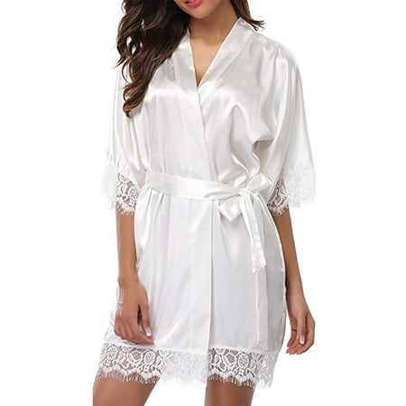 DYMADE Womens Satin Silk Kimono Lace Bathrobe Nightdress Sleepwear Robe