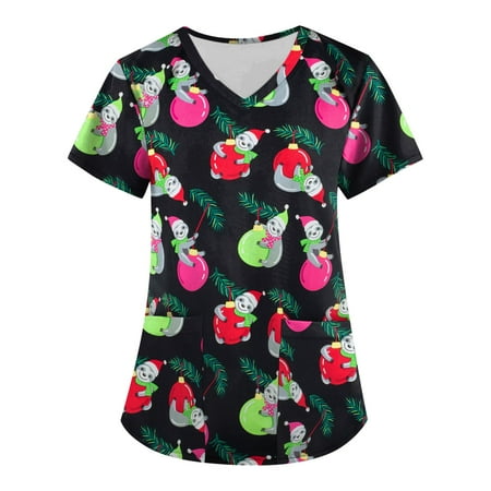 Christmas Women s Short Sleeve V-Neck Scrub_Top Cute Snowman Xmas Tree Print Design Working Shirts Blouse with Pockets
Christmas Women s Short Sleeve V-Neck Scrub_Top Cute Snowman Xmas Tree Print Design Working Shirts Blouse with Pockets