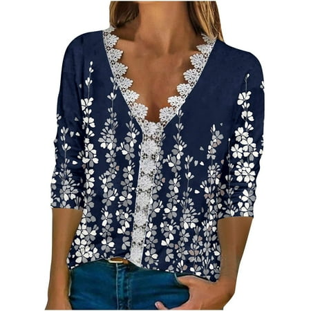 Button Down Shirts For Women Patterned Print Tshirt Top Blouse Lace Three Quarter Seeves Tunic V-Neck Tee Dark Blue X-Large 
Button Down Shirts For Women Patterned Print Tshirt Top Blouse Lace Three Quarter Seeves Tunic V-Neck Tee Dark Blue X-Large