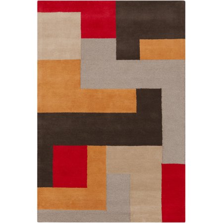 2' x 3' Solido Blocco Fire Red, Brown and Gray Hand Tufted Wool Area Throw Rug