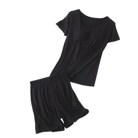 Homgro Women s Soft Shorts Pajama Set Summer Pajamas Short Sleeve Thin Fall Short Sleeve Lounge Lounge Set Black Large