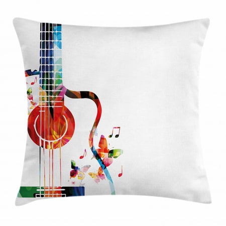 Guitar Throw Pillow Cushion Cover, Colorful Polygonal Musical Instrument Strings Butterflies Nature Themed Elements, Decorative Square Accent Pillow Case, 20 X 20 Inches, Multicolor, by Ambesonne