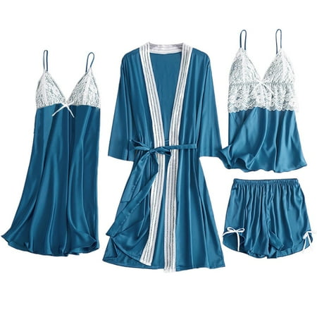 Tangnade home pajamas 4PC Women Satin Lace Camisole Bowknot Shorts Nightdress Robe Pajamas Lingerie the Lingerie Blue S
Tangnade home pajamas 4PC Women Satin Lace Camisole Bowknot Shorts Nightdress Robe Pajamas Lingerie the Lingerie Blue S