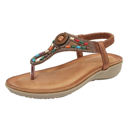 CLZOUD Women s Comfortable Sandals Bronze Ladies Summer Fashion Hollow Rhinestone Beaded Round Toe Flat Bottom Bohemian Comfortable Large Size Beach Shoes Sandals 37