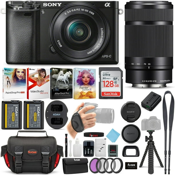 sony a6000 camera with 16-50mm & 55-210mm lenses (white) + creative & office software suite + accessory bundle