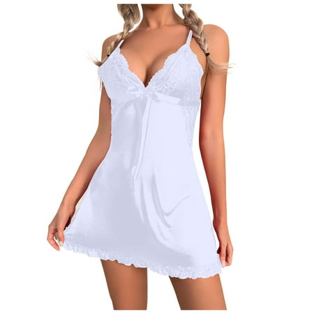 

OVTICZA Women s Nightgown See Through Lace Babydoll Sexy Teddy V Neck Chemise Sleepwear White M