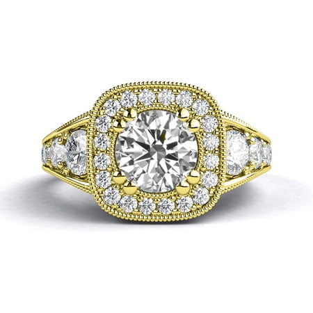 7.5mm Moissanite Center Stone Ring with Diamonds (2.3 ctw) Aft Deco Engagement Ring 14k Yellow Gold