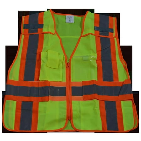 

Petra Roc LV2-PSVP-PLUS Public Safety Vest 207-2006 Lime Solid with Orange Binding 5 Point Breakaway with Non-Cloth Hook & Eye Breakaway Zipper & Expandable Side Closures Plus 2X & 5X