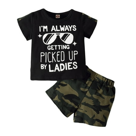 Baby Boy Clothes Infant Boys Summer Cool Short Outfit Set Short Sleeve Letter Prints Tops Elastic Camouflage Shorts 2PCS Set Black 9-12 months
Baby Boy Clothes Infant Boys Summer Cool Short Outfit Set Short Sleeve Letter Prints Tops Elastic Camouflage Shorts 2PCS Set Black 9-12 months