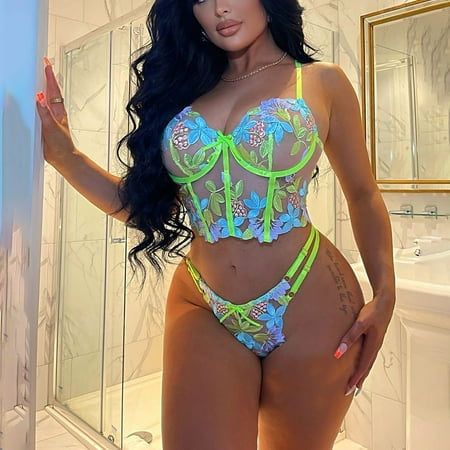 Women Lace See-Though 2 Piece Lingerie G-string Sleepwear Bra Set Underwear