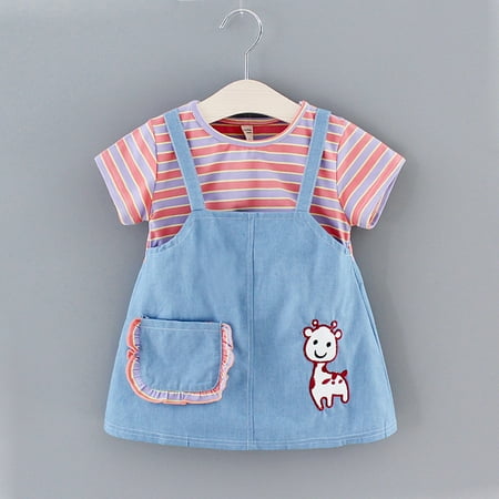 Hunpta Toddler Kids Babys Girls Stripe Print Tops Patchwork Princess Dress Outfits