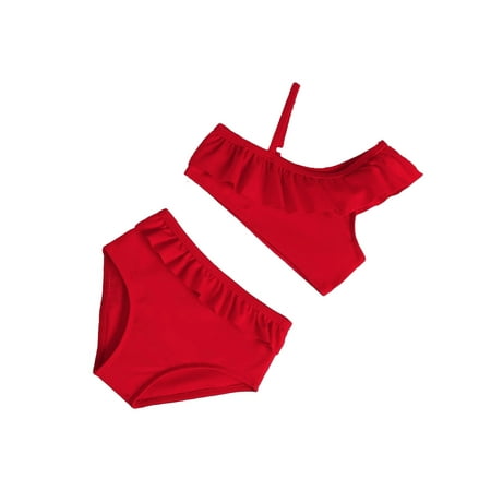 Cute Plain Asymmetrical Neck Red Baby Swimwear (Baby s)