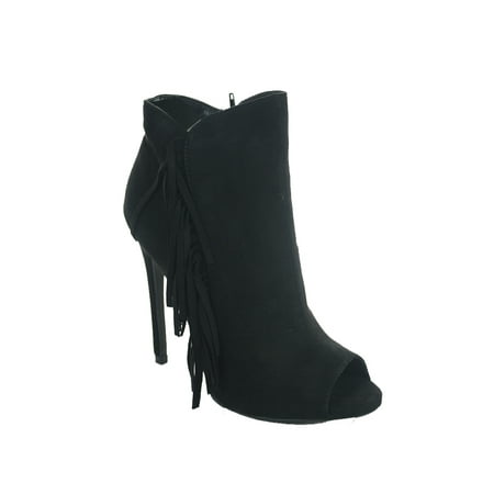 Qupid Womens Faux Suede Fringe Pointy Toe Stiletto Ankle Bootie Taupe 5.5