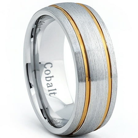 Cobalt Chrome Men's Dome Brushed Ring with Goldtone Plated Grooves, 8mm Comfort Fit Band
