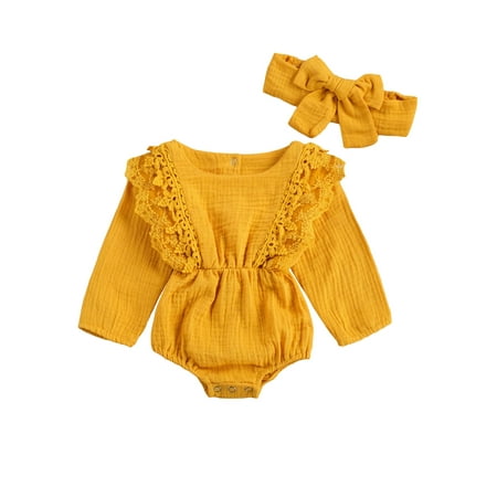 Canrulo Cute Newborn Baby Girl Rompers Headband 2pcs Long Sleeve Solid Color Lace Jumpsuit Clothes Yellow 9-12 Months
Canrulo Cute Newborn Baby Girl Rompers Headband 2pcs Long Sleeve Solid Color Lace Jumpsuit Clothes Yellow 9-12 Months