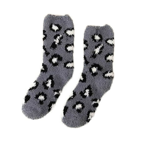 Veki Women Autumn And Winter Casual Warm Thick Leopard Print Coral Fleece Home Floor Stockings Thigh High Stockings for Women