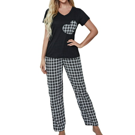 Grianlook Ladies Casual Plaid Print Loungewear Tops And Pants V Neck Pajamas Sets Home Clothes Elastic Waist Nightwear 
Grianlook Ladies Casual Plaid Print Loungewear Tops And Pants V Neck Pajamas Sets Home Clothes Elastic Waist Nightwear