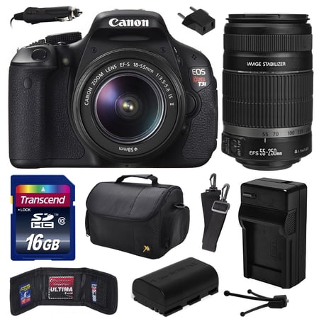 Canon EOS Rebel T3i Digital SLR Camera with EF-S 18-55mm f\/3.5-5.6 IS and EF-S 55-250mm f\/4-5.6 IS II Lens 16GB Memory, Large Case, Extra Battery, Travel Charger, Card Wallet, Cleaning Kit 5169B003 Canon EOS Rebel T3i Digital SLR Camera with EF-S 18-55mm f\/3.5-5.6 IS and EF-S 55-250mm f\/4-5.6 IS II Lens 16GB Memory, Large Case, Extra Battery, Travel Charger, Card Wallet, Cleaning Kit 5169B003