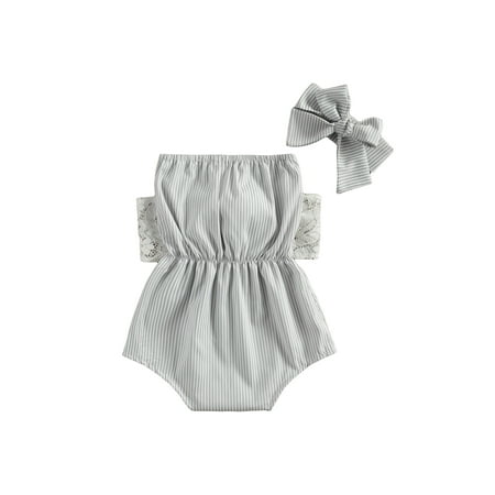 One opening Baby Girl Summer Outfits Stripes Strapless Rompers+ Hairband