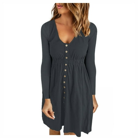 Airpow Long Sleeve V-Neck Knee-High Dress Womens Dress Shoes Women s Casual Autumn Solid Sexy U-Neck Buttons Long Sleeve Waist Dress Dark Gray L
Airpow Long Sleeve V-Neck Knee-High Dress Womens Dress Shoes Women s Casual Autumn Solid Sexy U-Neck Buttons Long Sleeve Waist Dress Dark Gray L